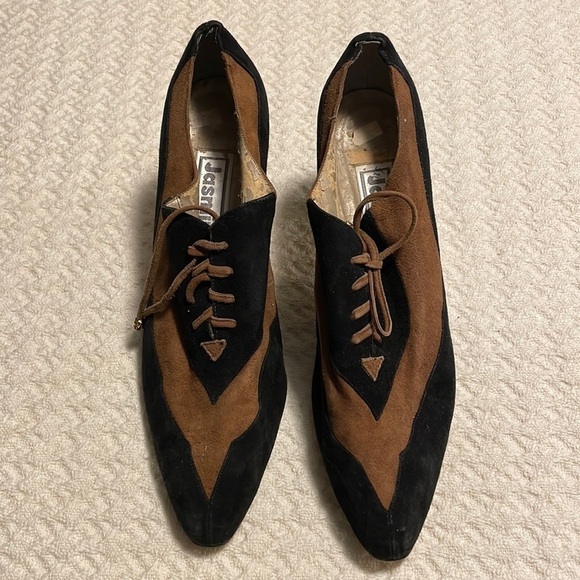 VINTAGE jasmine black/Brown suede cut design on semi pointed toe- laced heels - Picture 1 of 9